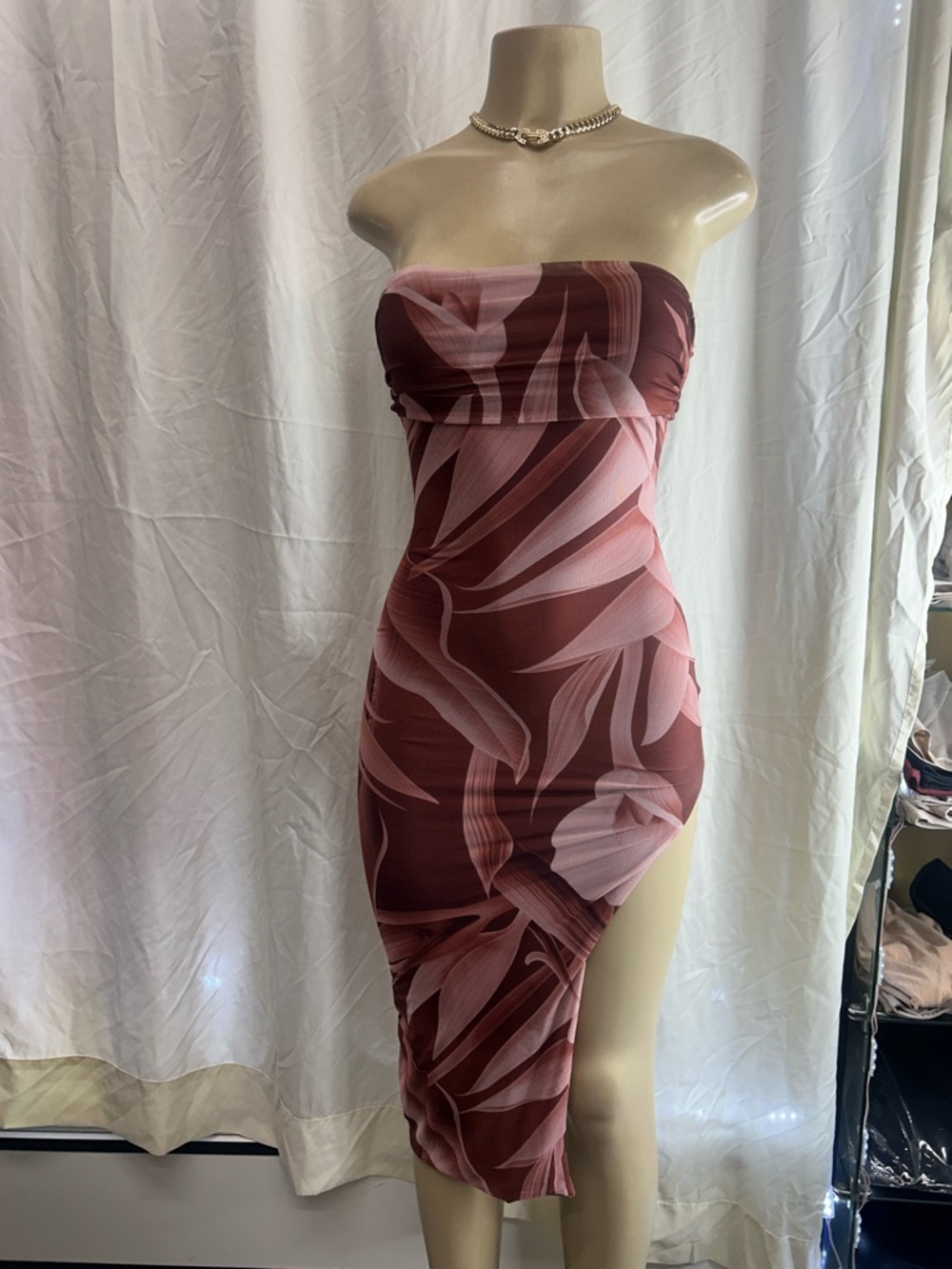 Strapless Rose-Pink Print Midi Dress